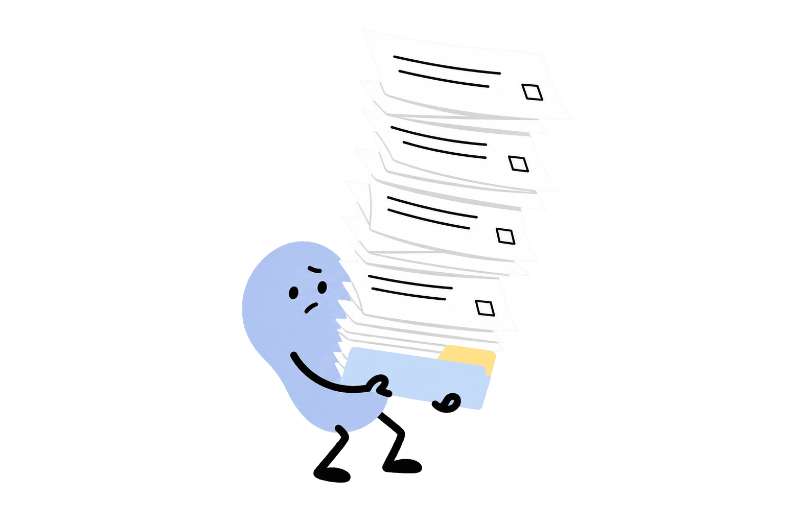 A character balancing a tall stack of paperwork.